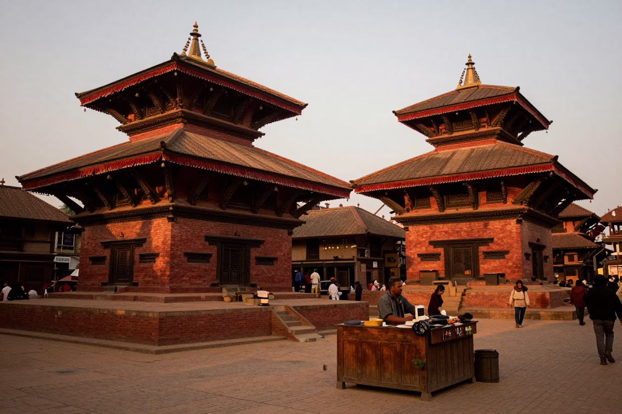 Street Scene at Copper-toned Light Before Dusk in Kathmandu in in Kathmandu, Nepal