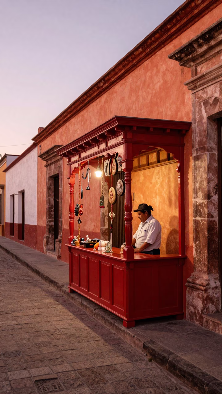 Street Scene at Copper-toned Light Before Dusk in Oaxaca in in Oaxaca, Mexico