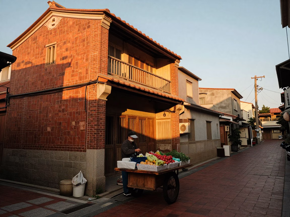 Street Scene at Copper-toned Light Before Dusk in Tainan in in Tainan, Taiwan