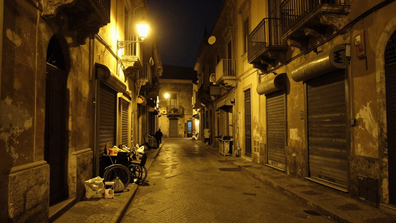 Street Scene at Deep In The Night Light in Palermo in in Palermo, Italy
