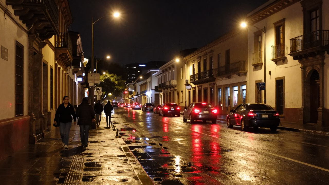 Street Scene at Deep In The Night Light in Quito in in Quito, Ecuador