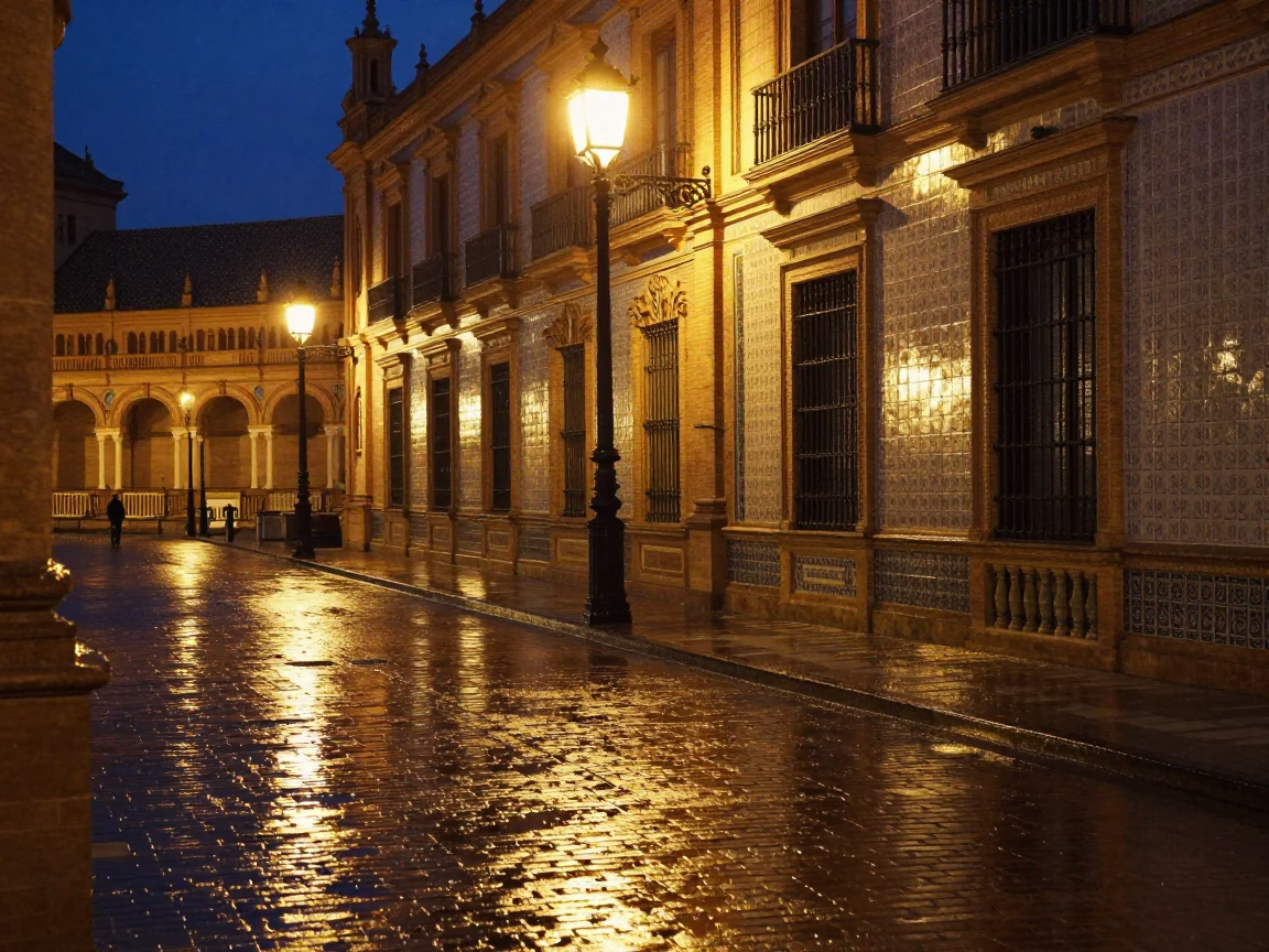 Street Scene at Deep In The Night Light in Seville in in Seville, Spain