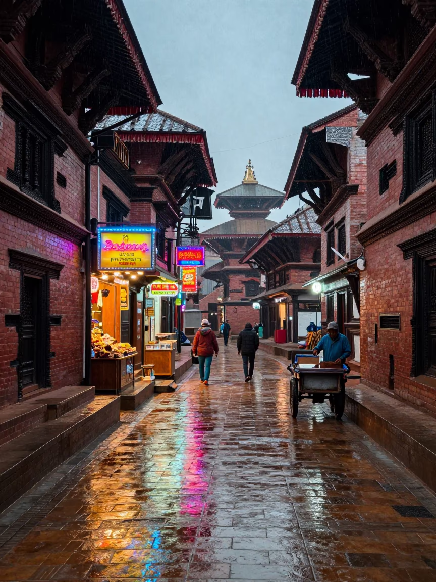 Street Scene at Dusk Light in Kathmandu in in Kathmandu, Nepal