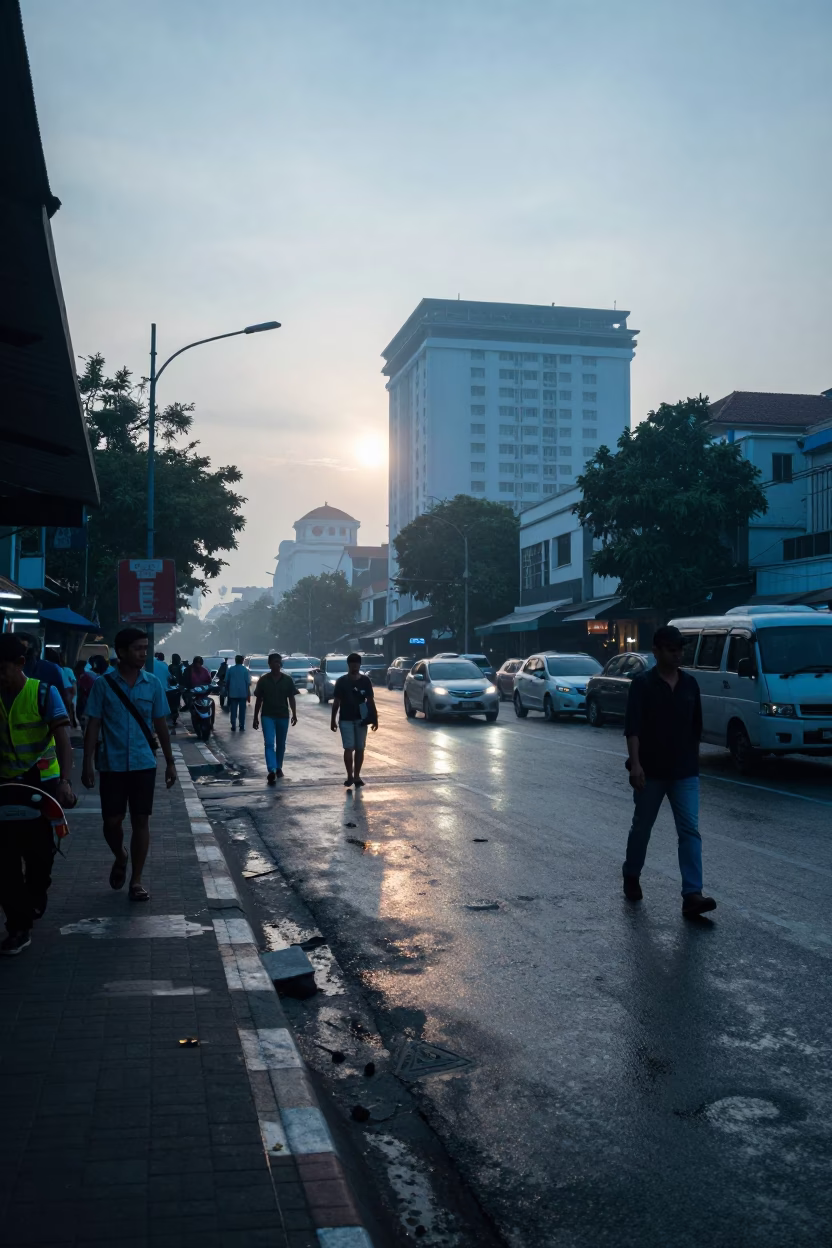 Street Scene at Early Morning Light in Surabaya in in Surabaya, Indonesia
