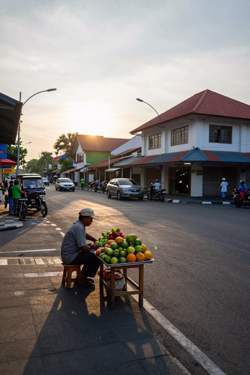 Street Scene at First Light Of Dawn in Denpasar in in Denpasar, Indonesia