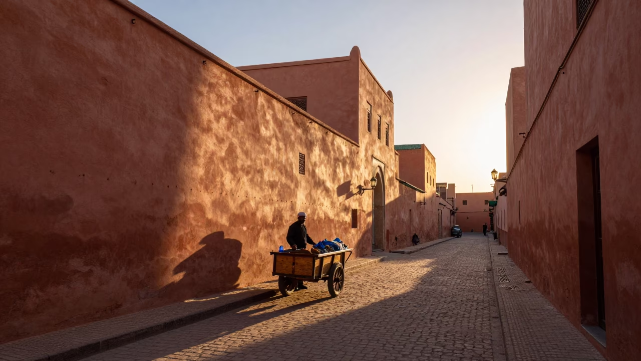 Street Scene at First Light Of Dawn in Marrakech in in Marrakech, Morocco