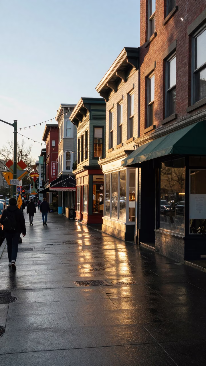 Street Scene at Golden Hour in Seattle in in Seattle, Washington, United States