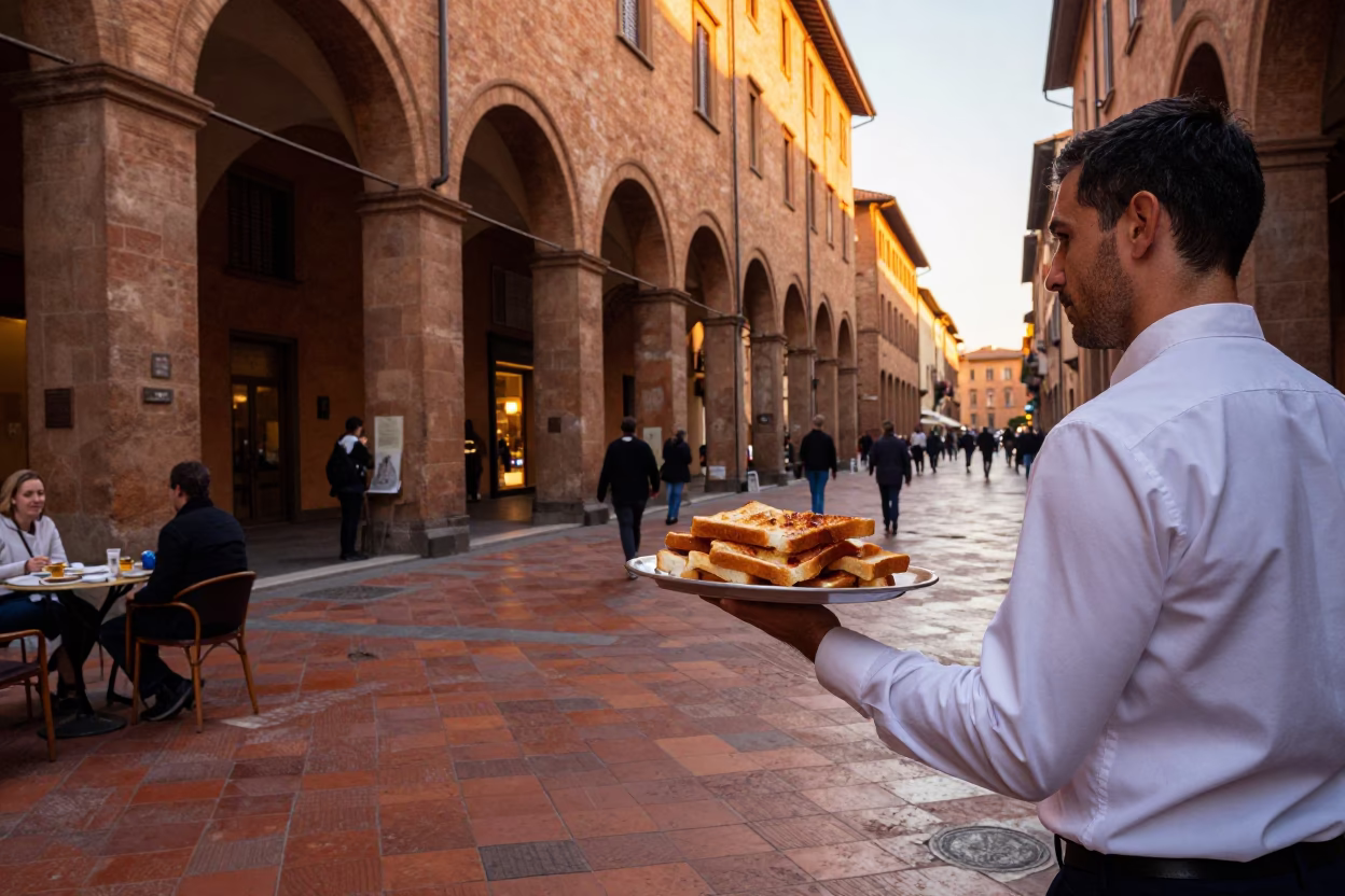 Street Scene at Honeyed Evening Light in Bologna in in Bologna, Italy