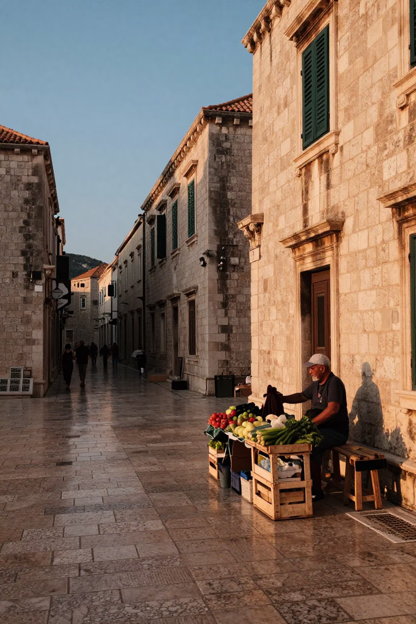 Street Scene at Honeyed Evening Light in Dubrovnik in in Dubrovnik, Croatia