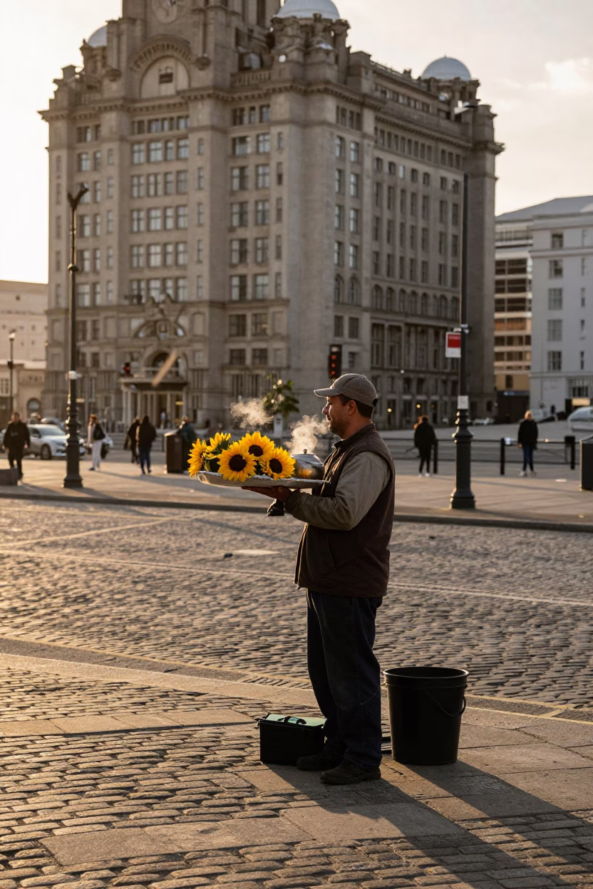 Street Scene at Honeyed Evening Light in Liverpool in in Liverpool, United Kingdom