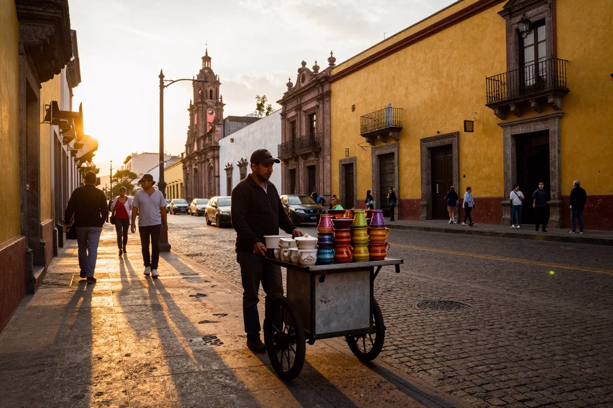 Street Scene at Honeyed Evening Light in Mexico City in in Mexico City, Mexico
