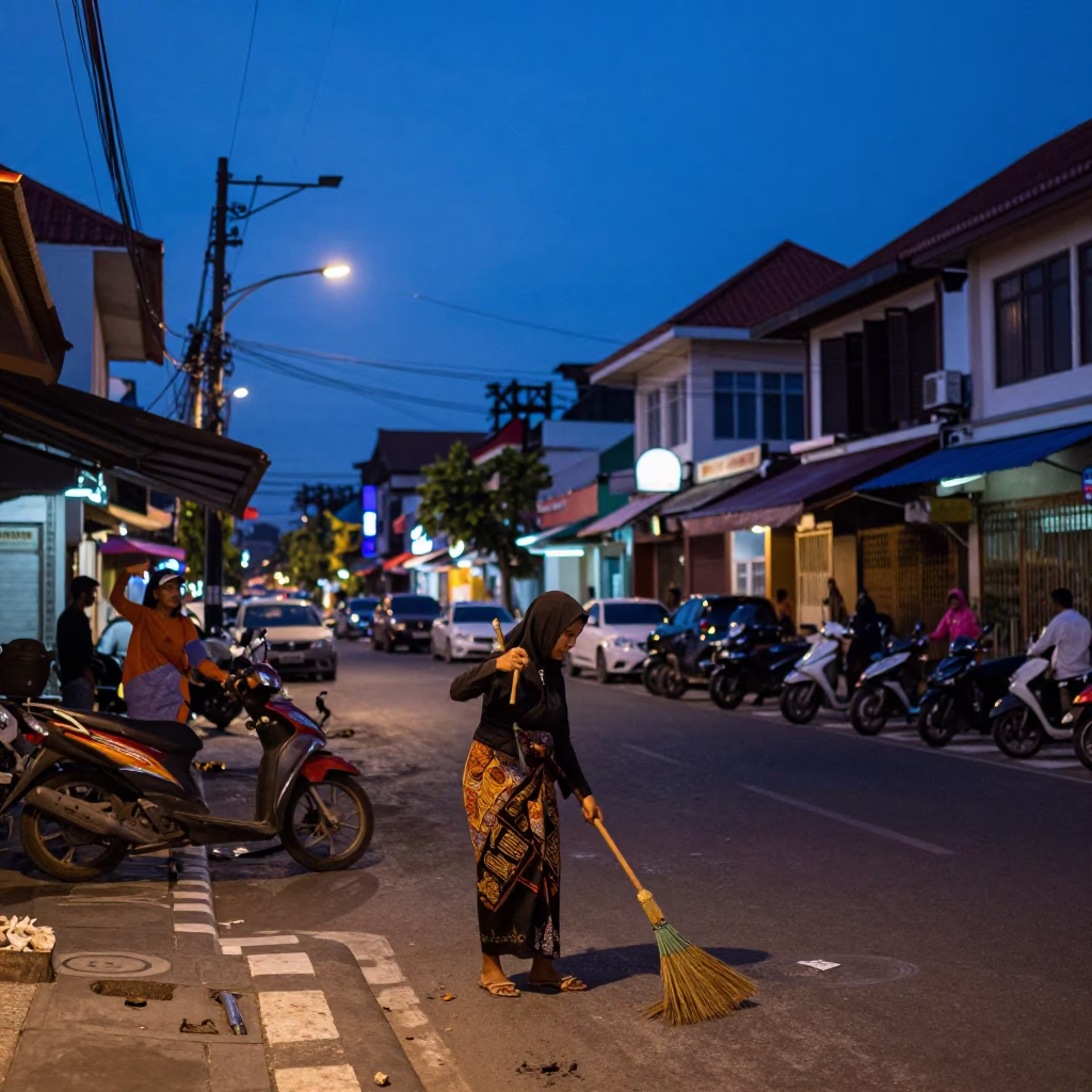 Street Scene at Indigo Twilight After Sunset in Denpasar in in Denpasar, Indonesia