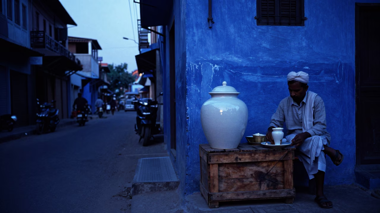 Street Scene at Indigo Twilight After Sunset in Hyderabad in in Hyderabad, India