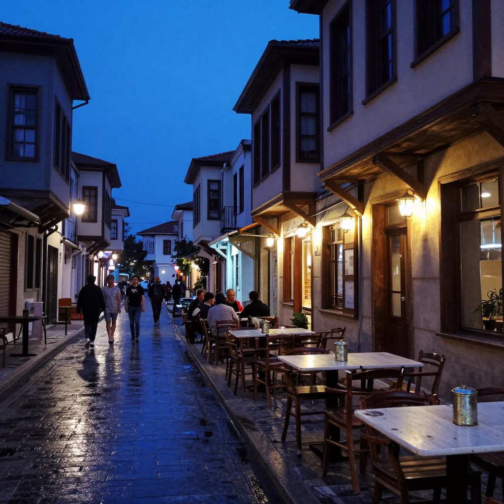 Street Scene at Indigo Twilight After Sunset in Izmir in in Izmir, Turkey