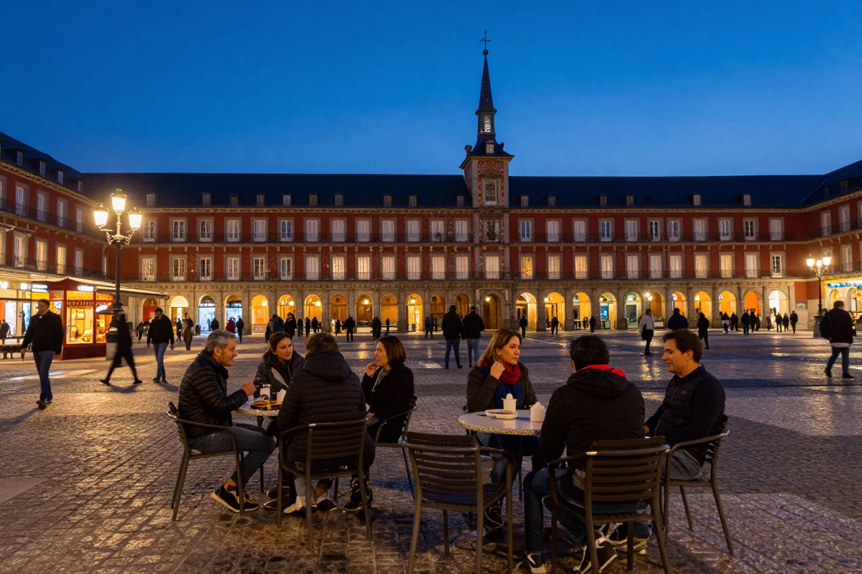 Street Scene at Indigo Twilight After Sunset in Madrid in in Madrid, Spain