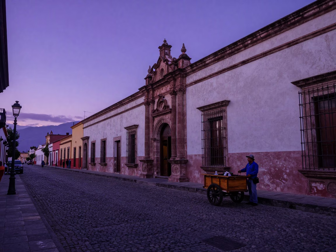 Street Scene at Indigo Twilight After Sunset in Oaxaca in in Oaxaca, Mexico