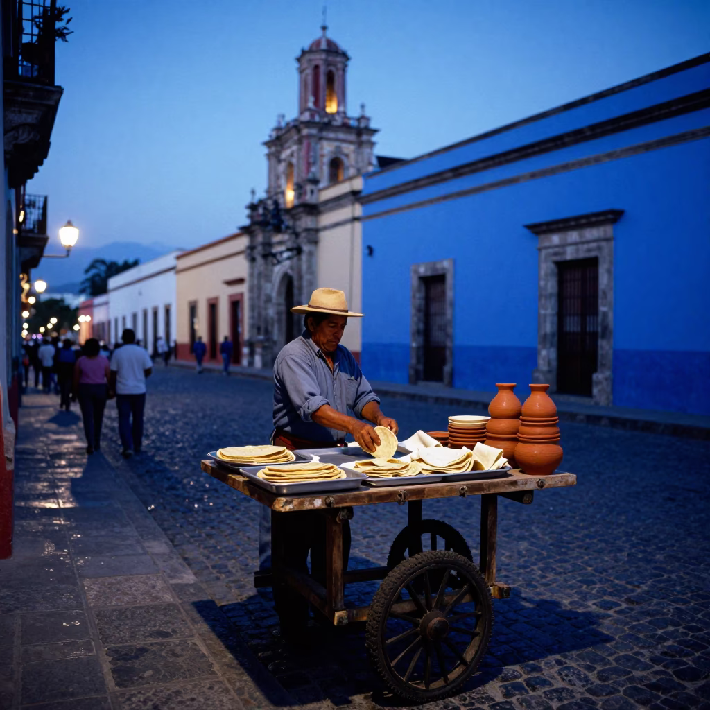 Street Scene at Indigo Twilight After Sunset in Oaxaca in in Oaxaca, Mexico