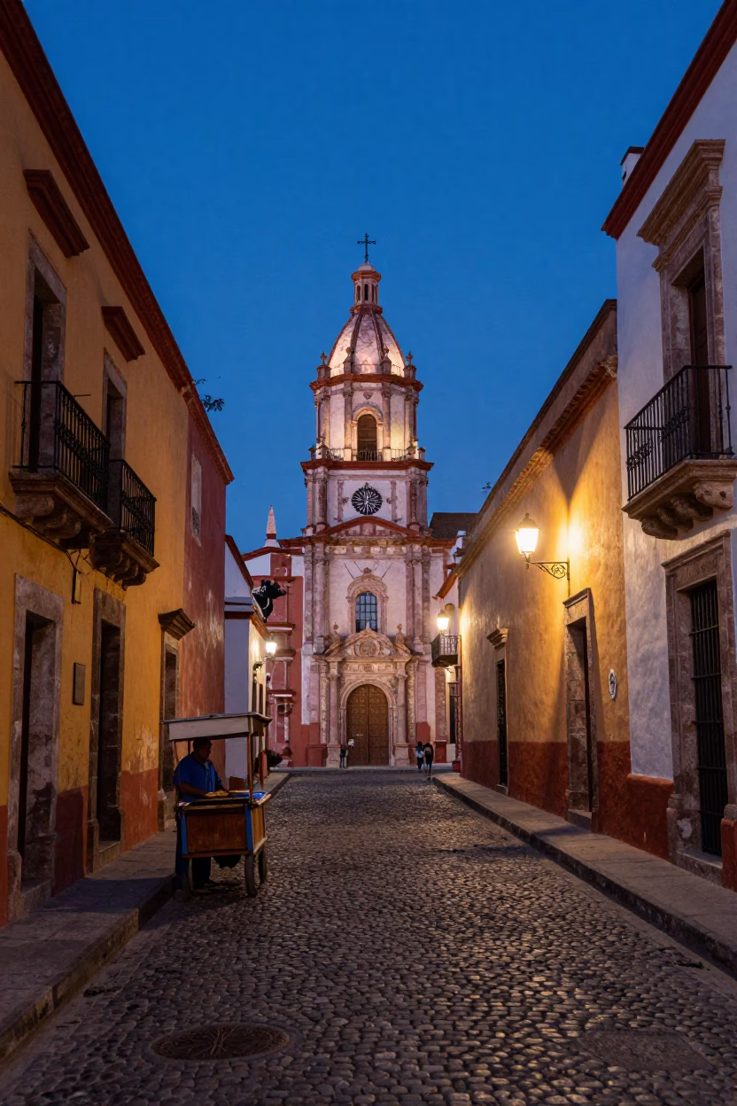 Street Scene at Indigo Twilight After Sunset in Oaxaca in in Oaxaca, Mexico