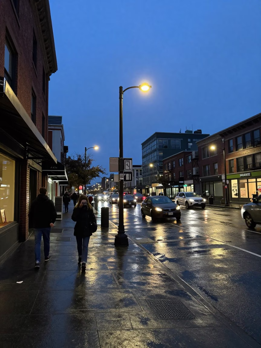 Street Scene at Indigo Twilight After Sunset in Seattle in in Seattle, Washington, United States