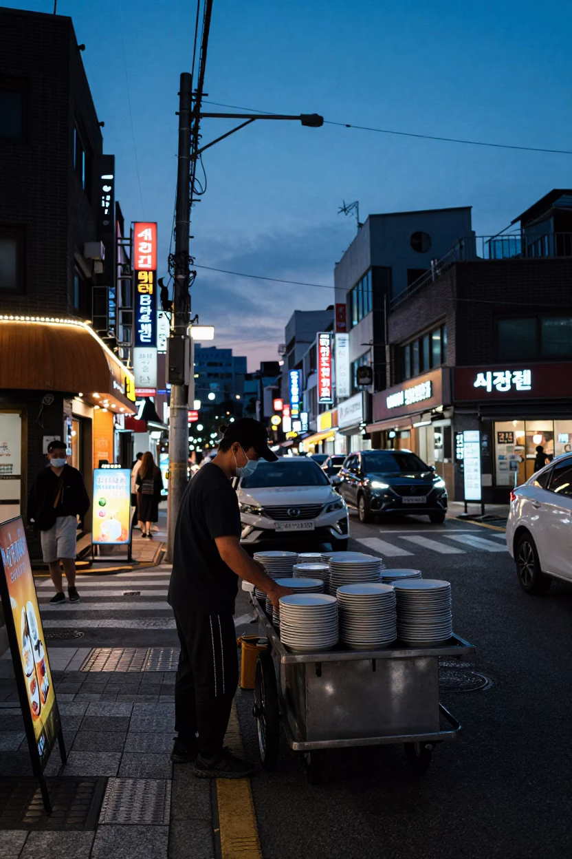 Street Scene at Indigo Twilight After Sunset in Seoul in in Seoul, South Korea