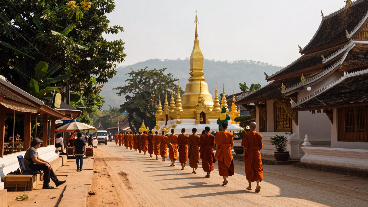 Street Scene at Late Morning Light in Luang Prabang in in Luang Prabang, Laos