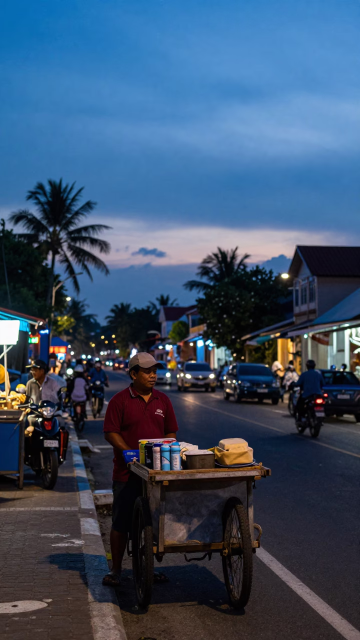 Street Scene at Nautical Dawn Light in Denpasar in in Denpasar, Indonesia