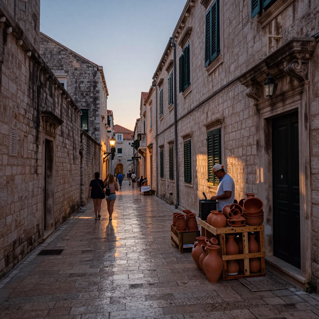 Street Scene at Nautical Dawn Light in Dubrovnik in in Dubrovnik, Croatia