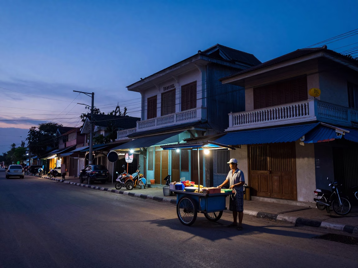 Street Scene at Nautical Dawn Light in Phnom Penh in in Phnom Penh, Cambodia