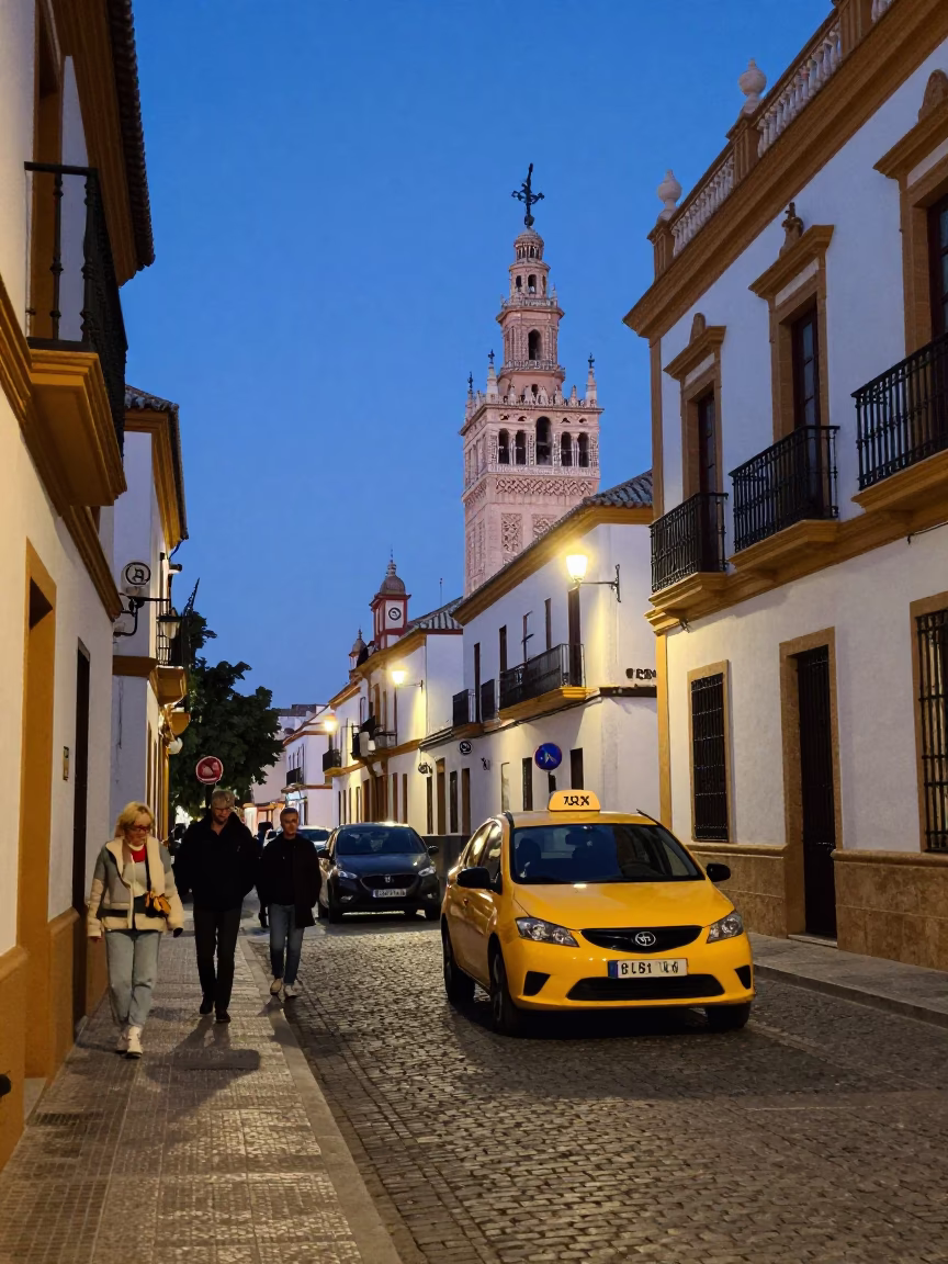 Street Scene at Nautical Dawn Light in Seville in in Seville, Spain