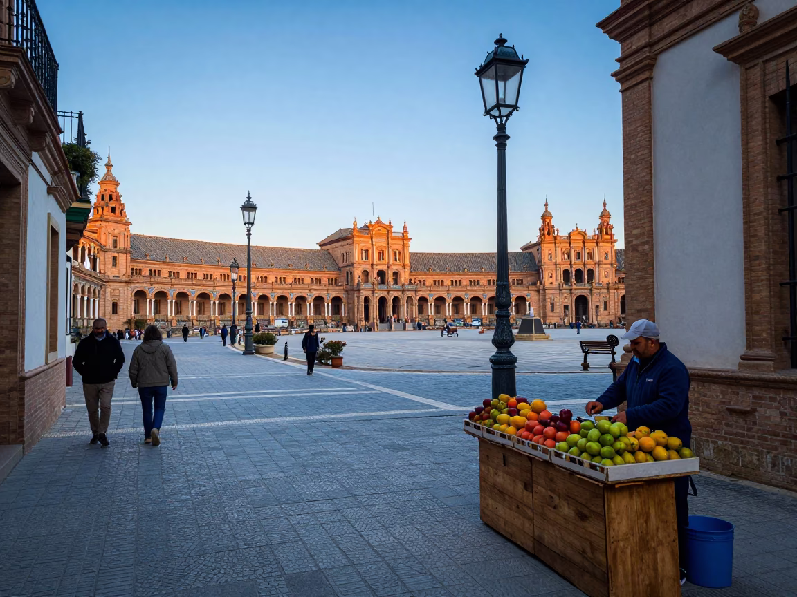 Street Scene at Nautical Dawn Light in Seville in in Seville, Spain