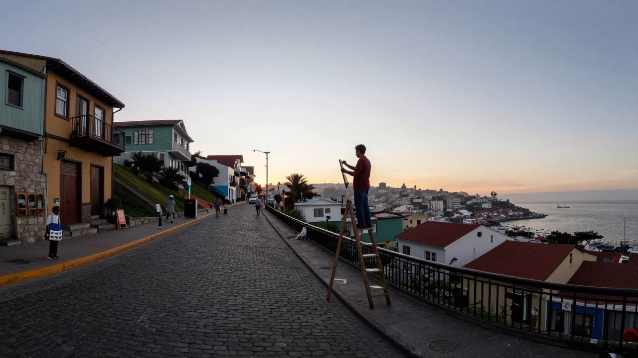 Street Scene at Nautical Dawn Light in Valparaiso in in Valparaiso, Chile