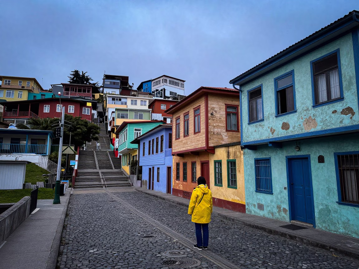 Street Scene at Nautical Dawn Light in Valparaiso in in Valparaiso, Chile