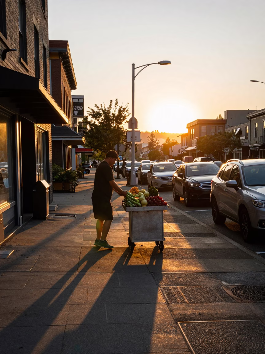 Street Scene at Sunset Light in Seattle in in Seattle, Washington, United States