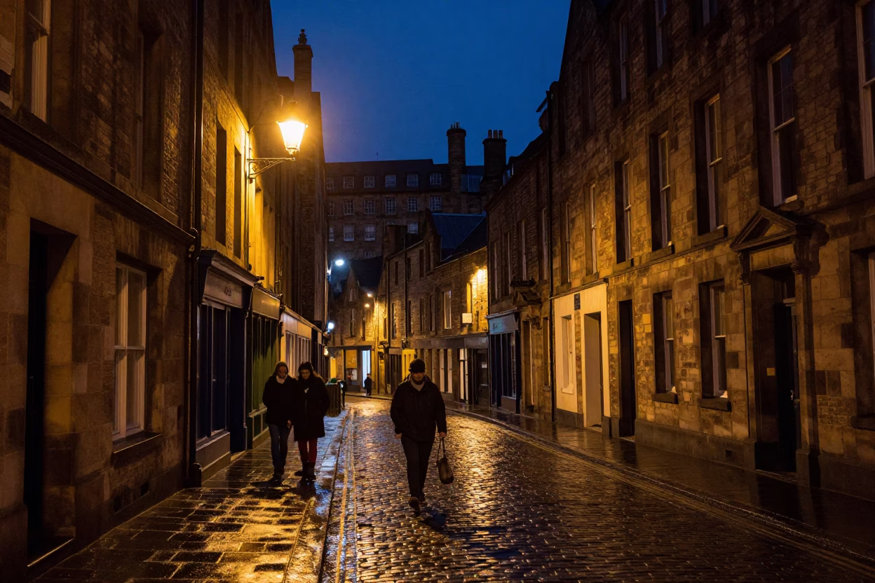 Street Scene at The Deepest Night Sky Light in Edinburgh in in Edinburgh, United Kingdom