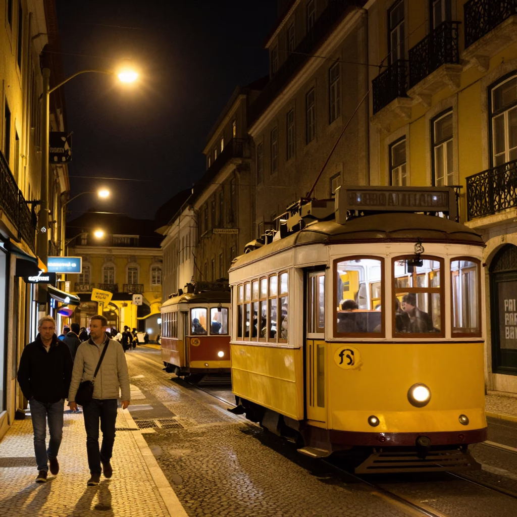 Street Scene at The Deepest Night Sky Light in Lisbon in in Lisbon, Portugal