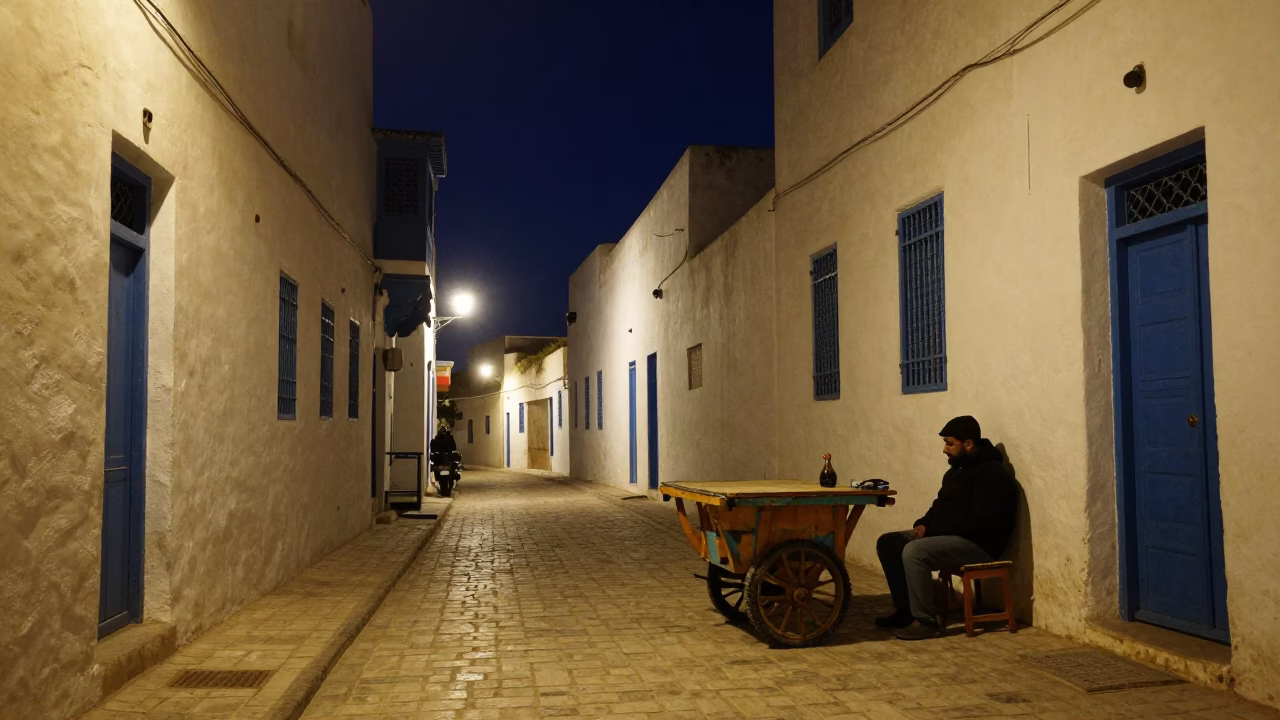 Street Scene at The Deepest Night Sky Light in Tunis in in Tunis, Tunisia