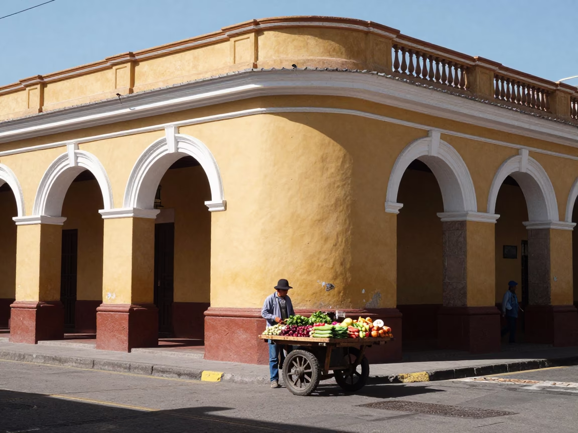 Street Scene at The Flat Glare Of Noon Light in Quito in in Quito, Ecuador