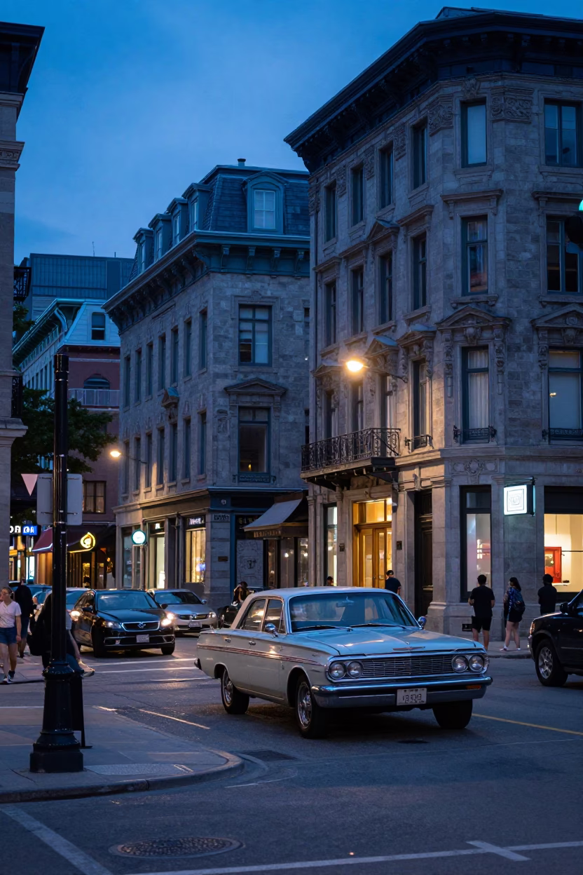 Street Scene at The Last Blue Light Of Evening in Montreal in in Montreal, Quebec, Canada