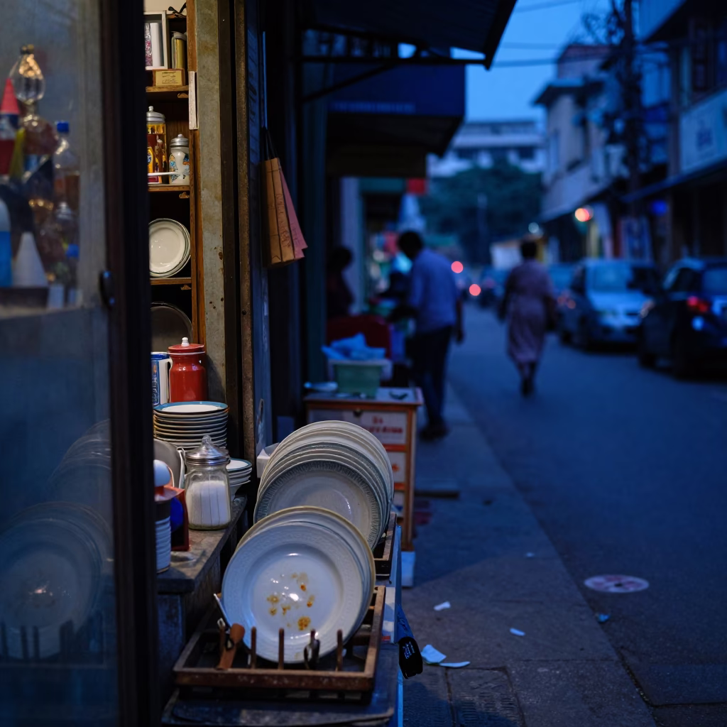 Street Scene at The Last Blue Light Of Evening in Kolkata in in Kolkata, India