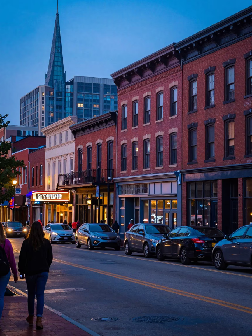 Street Scene at The Last Blue Light Of Evening in Nashville in in Nashville, Tennessee, United States