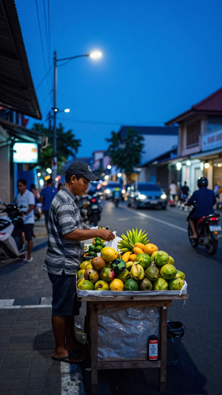 Street Scene at The Last Blue Light Of Evening in Denpasar in in Denpasar, Indonesia