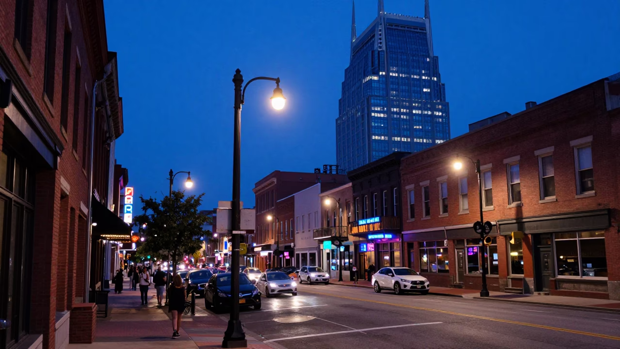 Street Scene at The Last Blue Light Of Evening in Nashville in in Nashville, Tennessee, United States