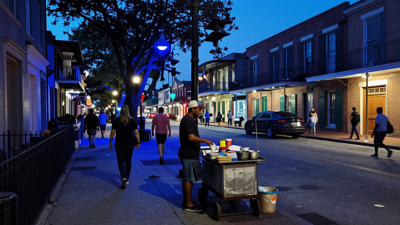 Street Scene at The Last Blue Light Of Evening in New Orleans in in New Orleans, Louisiana, United States