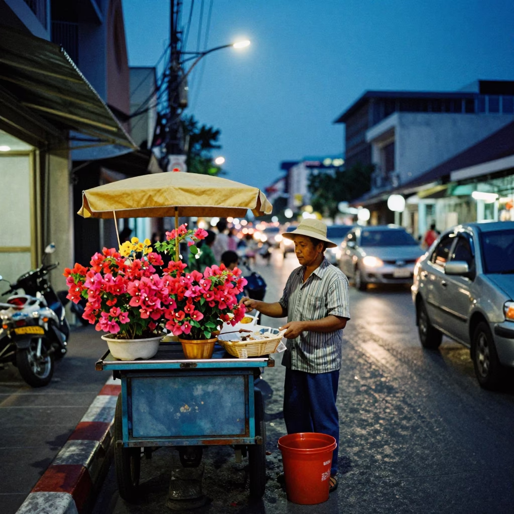Street Scene at The Last Blue Light Of Evening in Phuket in in Phuket, Thailand