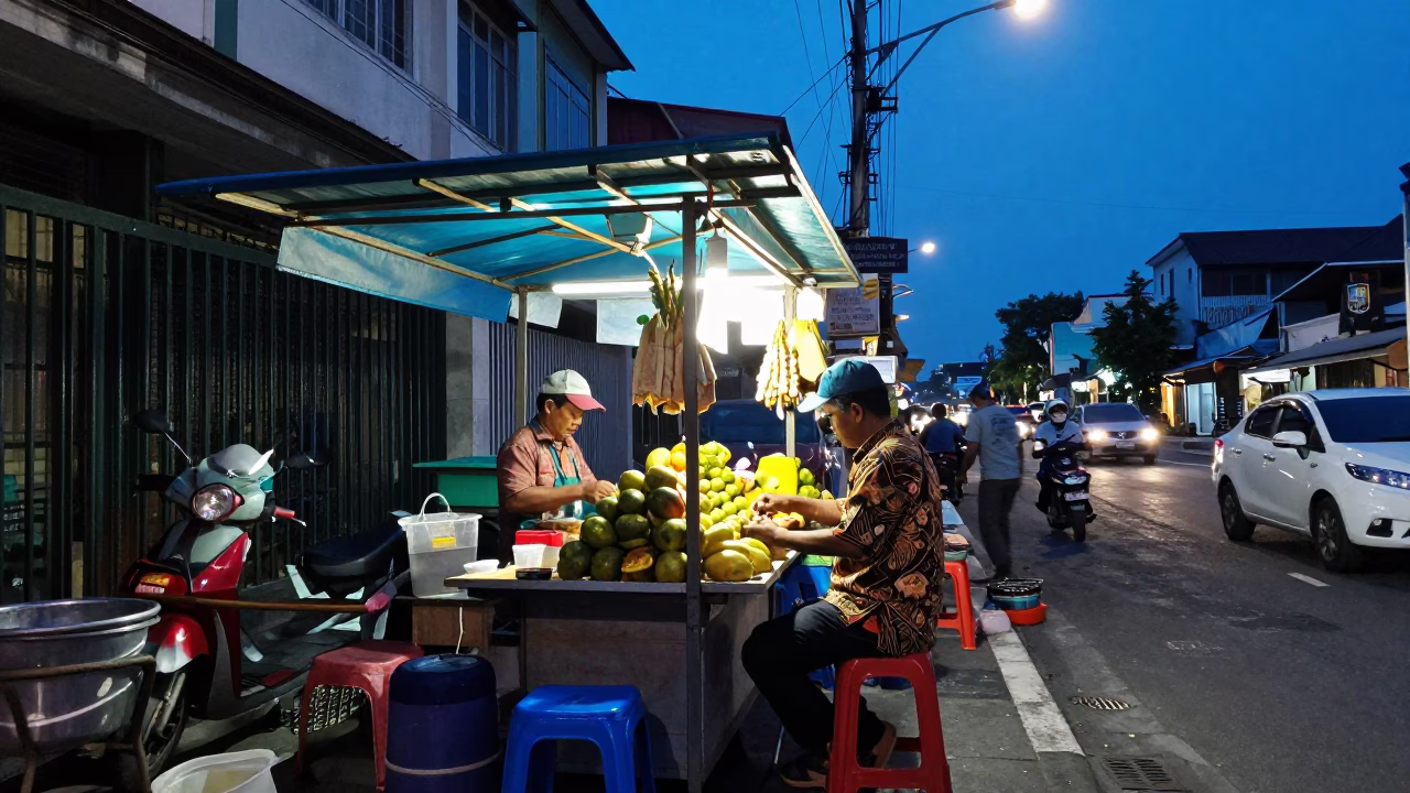 Street Scene at The Last Blue Light Of Evening in Surabaya in in Surabaya, Indonesia
