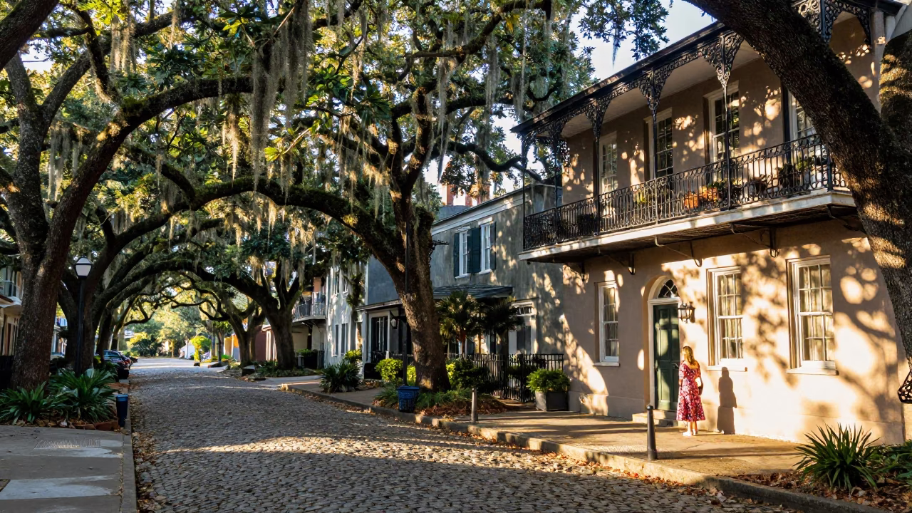 Street Scene at The Late Afternoon Light in Charleston in in Charleston, South Carolina, United States