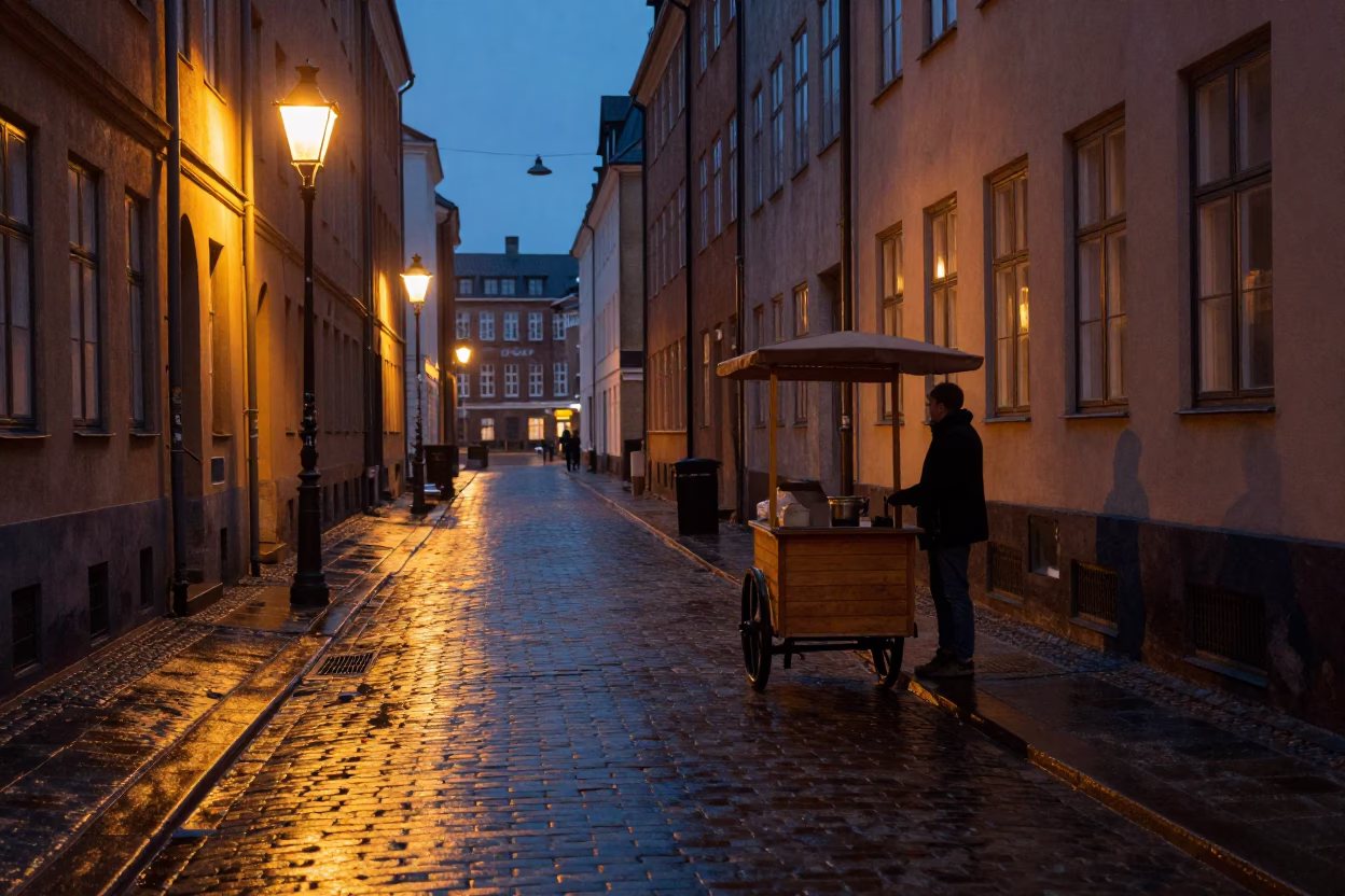 Street Scene at The Predawn Darkness Light in Copenhagen in in Copenhagen, Denmark