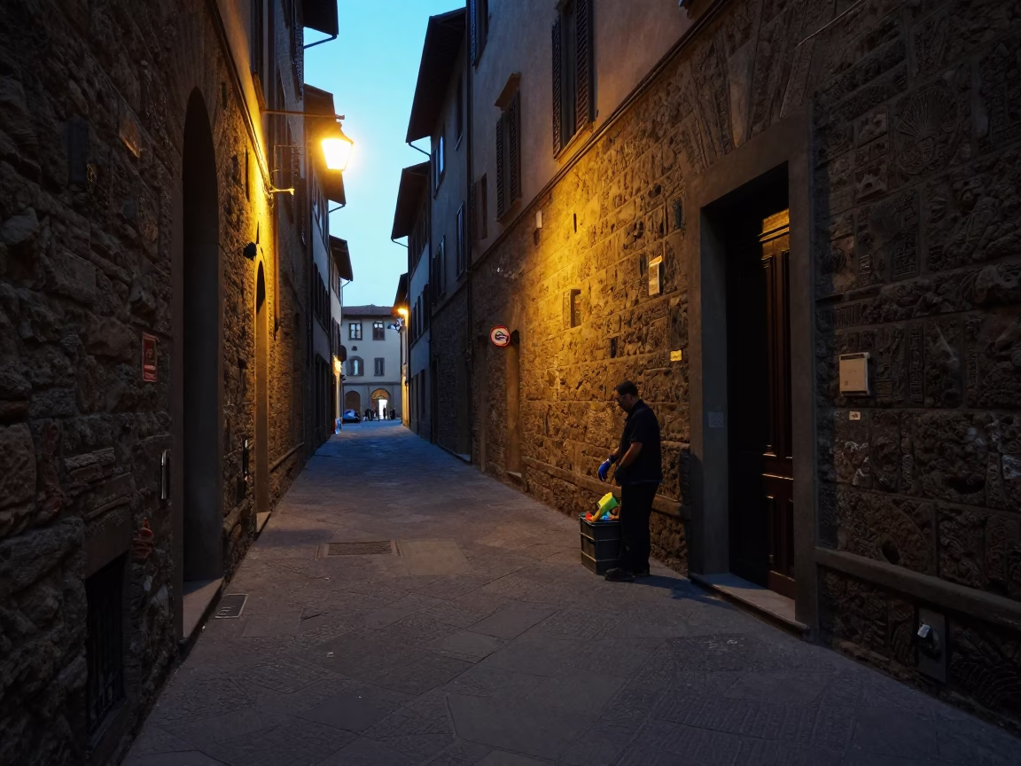 Street Scene at The Predawn Darkness Light in Florence in in Florence, Italy
