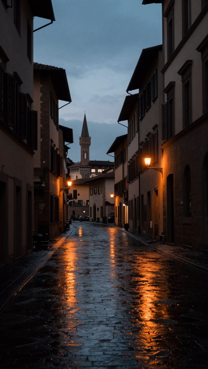 Street Scene at The Predawn Darkness Light in Florence in in Florence, Italy