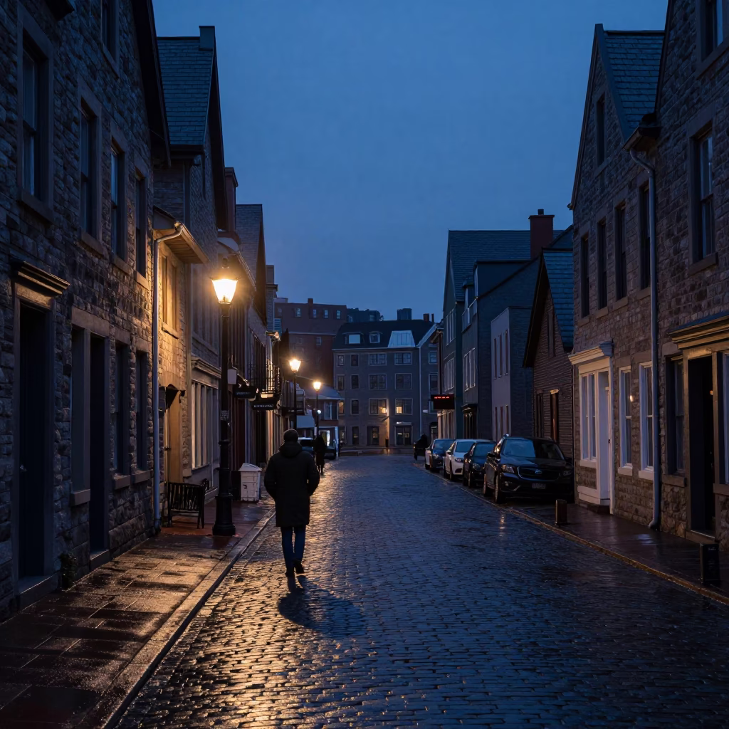 Street Scene at The Predawn Darkness Light in Halifax in in Halifax, Nova Scotia, Canada